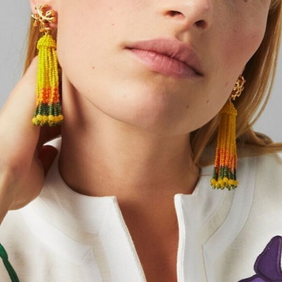 NWT TORY BURCH ROXANNE BEADED TASSEL EARRING GOLD/YELLOW BEADS - Picture 5 of 7